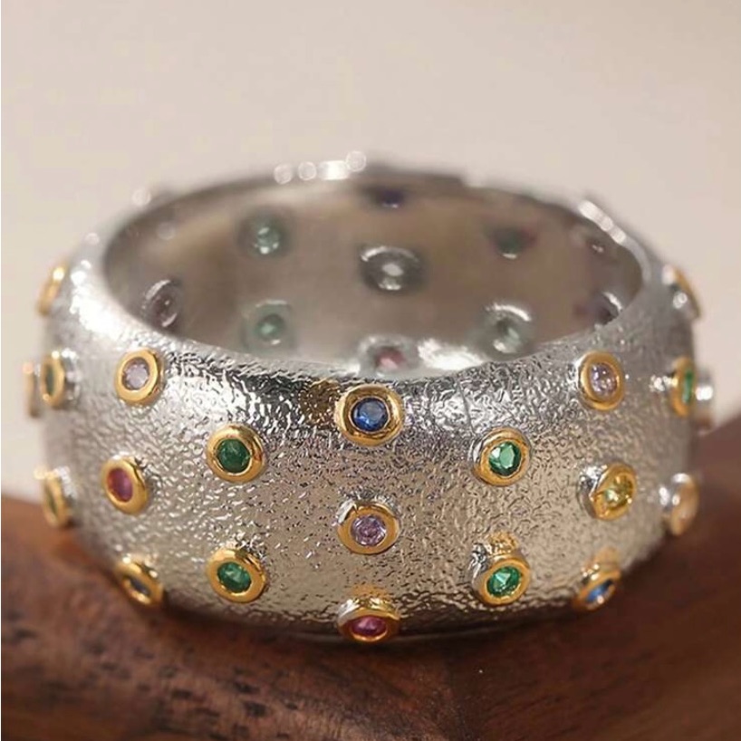 Elegant Silver And Gold Studded Ring
